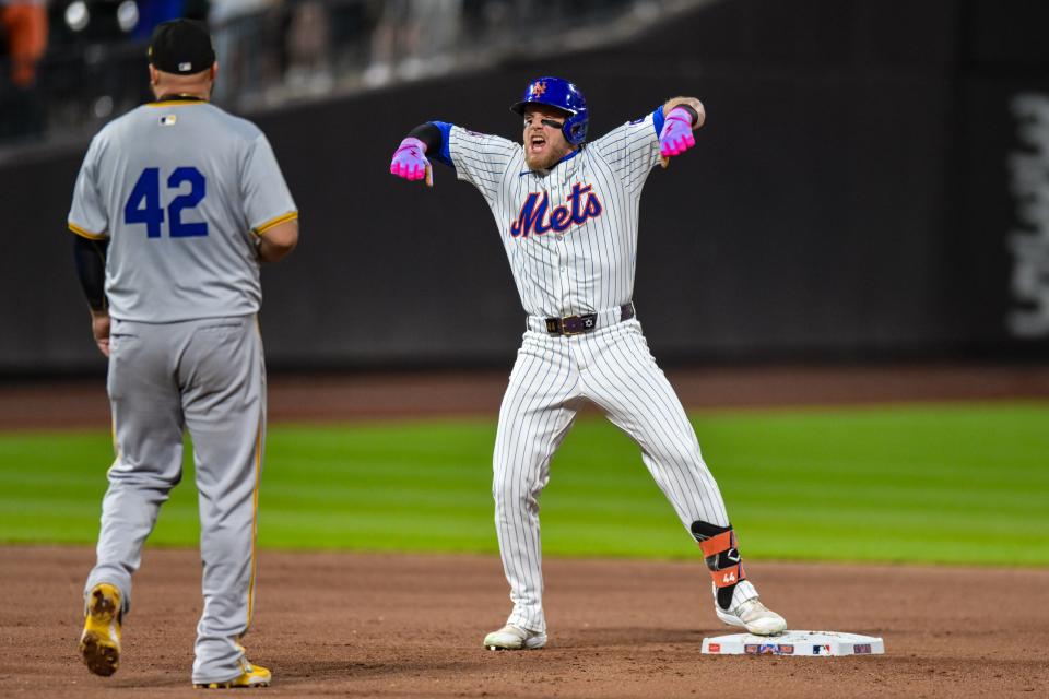 New York Mets outfielder Harrison Bader reacts after hitting a two-run double against the Pittsburgh Pirates during the eighth inning on April 15, 2024, at Citi Field.
