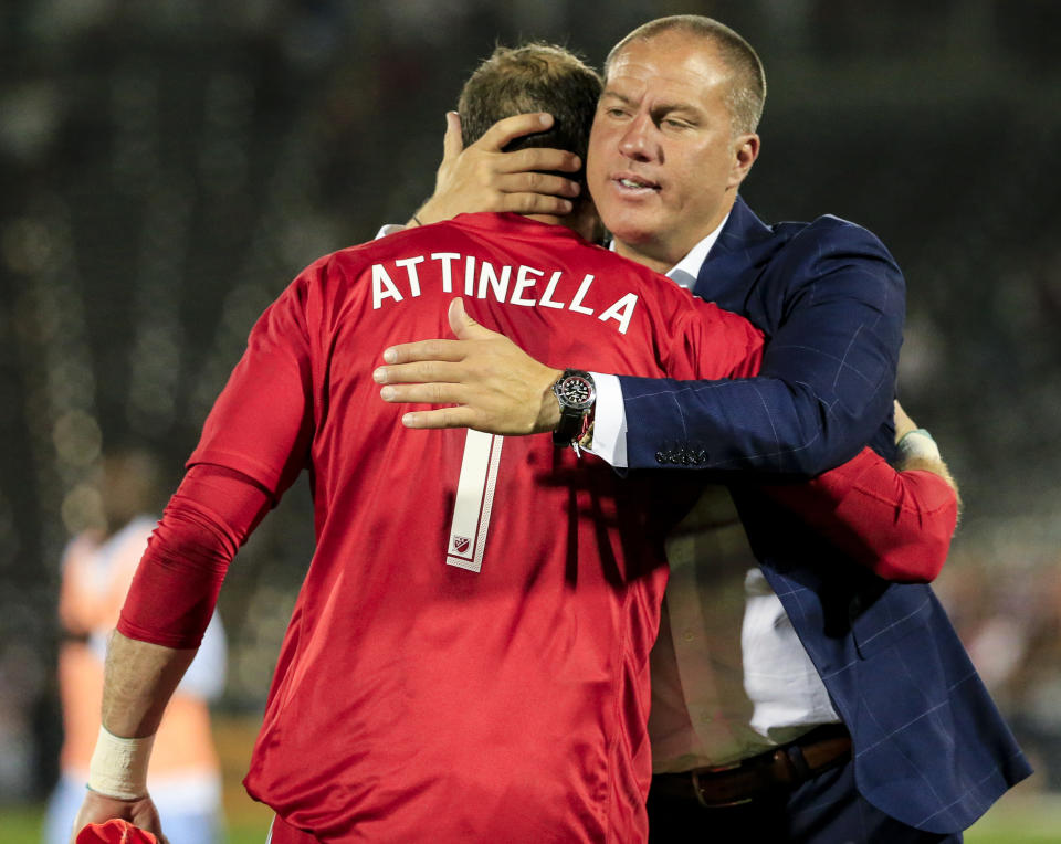 Giovanni Savarese will lead the Portland Timbers into the playoffs in his first season at the helm. (AP Photo/Jack Dempsey)