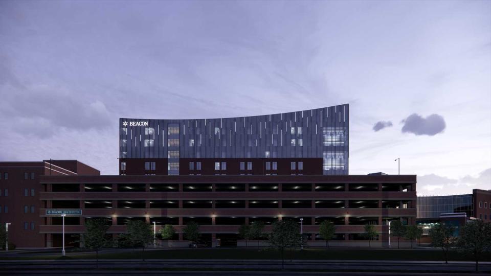 An evening rendering of Memorial Hospital's planned 10-story patient tower on the north side of downtown South Bend.
