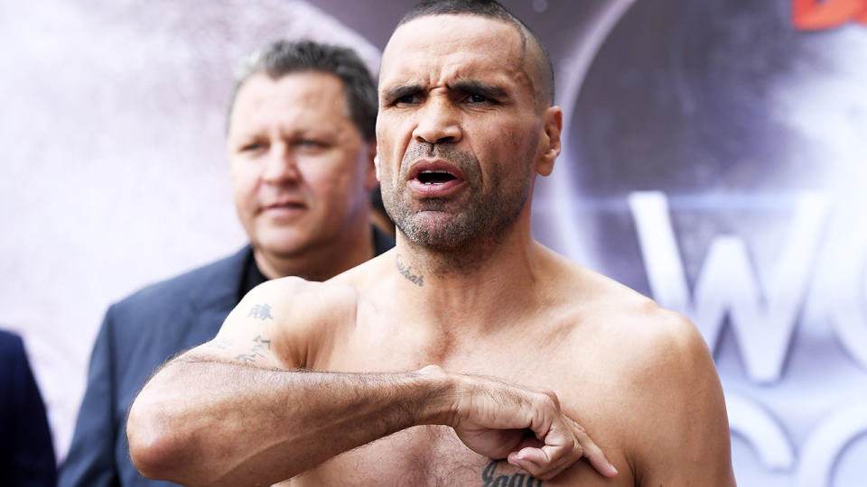 Anthony Mundine, pictured here during the weigh in for his fight with John Wayne-Parr in 2019. 