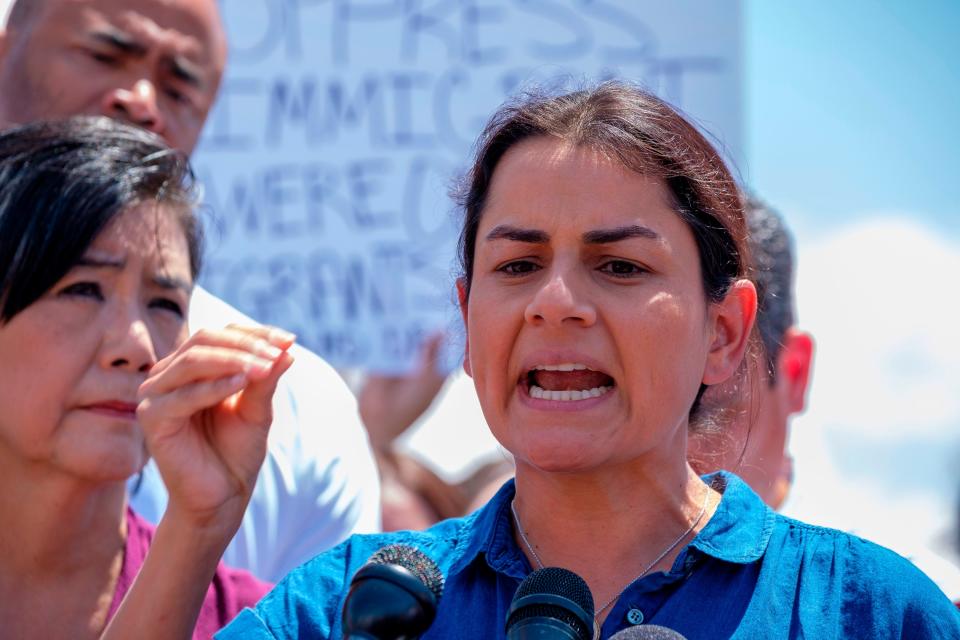 US Representative Nanette Diaz Barragan (D-CA) speaks during a press conference following a tour in Border Patrol facilities and migrant detention centers for 15 members of the Congressional Hispanic Caucus on July 1, 2019 in Clint, Texas. (Photo by Luke MONTAVON / AFP)