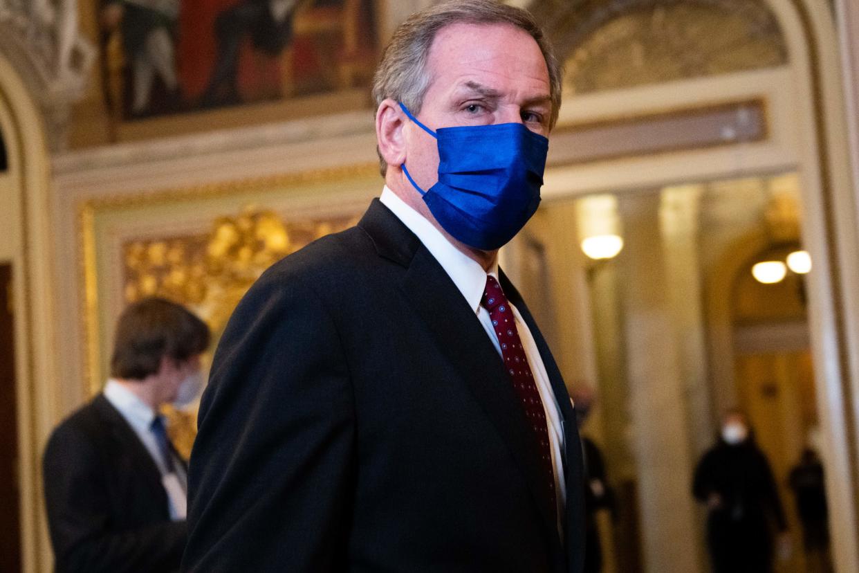 Attorney Michael T. van der Veen, representing and defending former President Donald Trump, walks through the Senate Reception Room during the second day of Trumps second impeachment trial on February 10, 2021 in Washington, DC. - Democrats present the case against Donald Trump in his Senate impeachment trial Wednesday, arguing that he directed an enraged crowd to storm Congress in the dying days of his presidency -- even if Republicans look unlikely to convict. (Photo by BRANDON BELL / various sources / AFP) (Photo by BRANDON BELL/AFP via Getty Images)