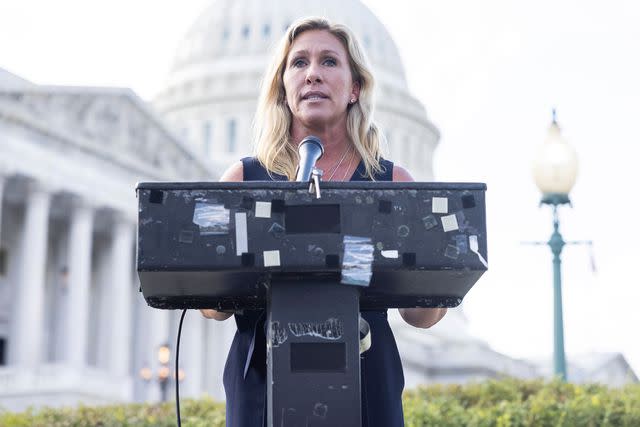 JIM LO SCALZO/EPA-EFE/Shutterstock Rep. Marjorie Taylor Greene holds a press conference to apologize for comparing mask-wearing to the Holocaust on June 14, 2021