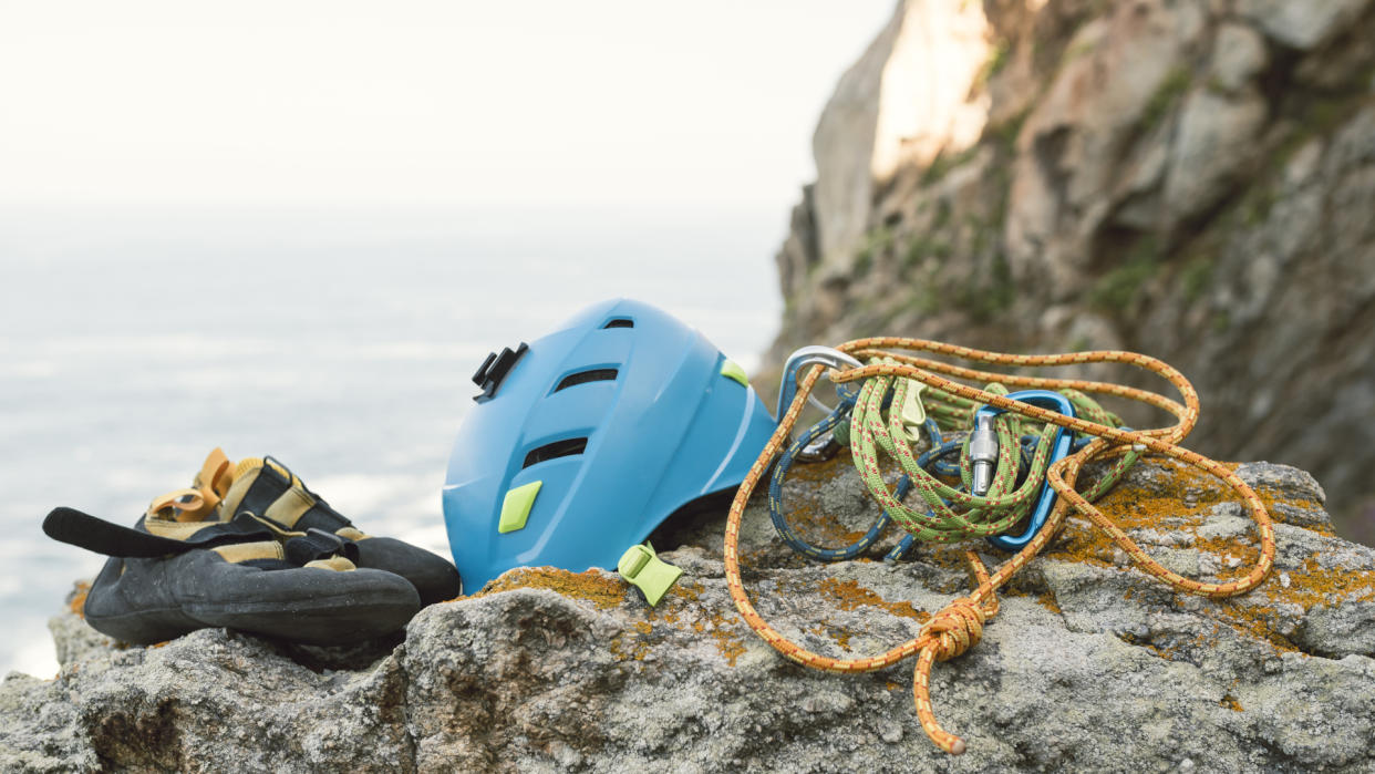  Climbing equipment on rock. 