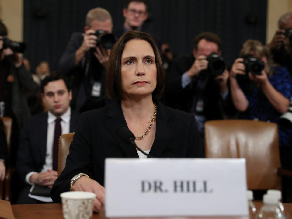 Fiona Hill, former senior director for Europe and Russia on the National Security Council, takes her seat to testify at a House Intelligence Committee hearing as part of the impeachment inquiry into U.S. President Donald Trump