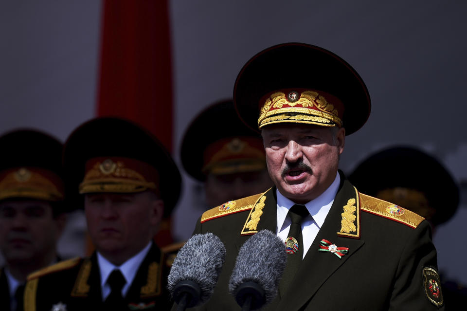 FILE - Belarusian President Alexander Lukashenko gives a speech during a military parade that marked the 75th anniversary of the allied victory over Nazi Germany, in Minsk, Belarus, on Saturday, May 9, 2020. For most of his 27 years as the authoritarian president of Belarus, Alexander Lukashenko has disdained democratic norms, making his country a pariah in the West and bringing him the sobriquet of “Europe’s last dictator." Now, his belligerence is directly affecting Europe. (Pool Photo via AP, File)