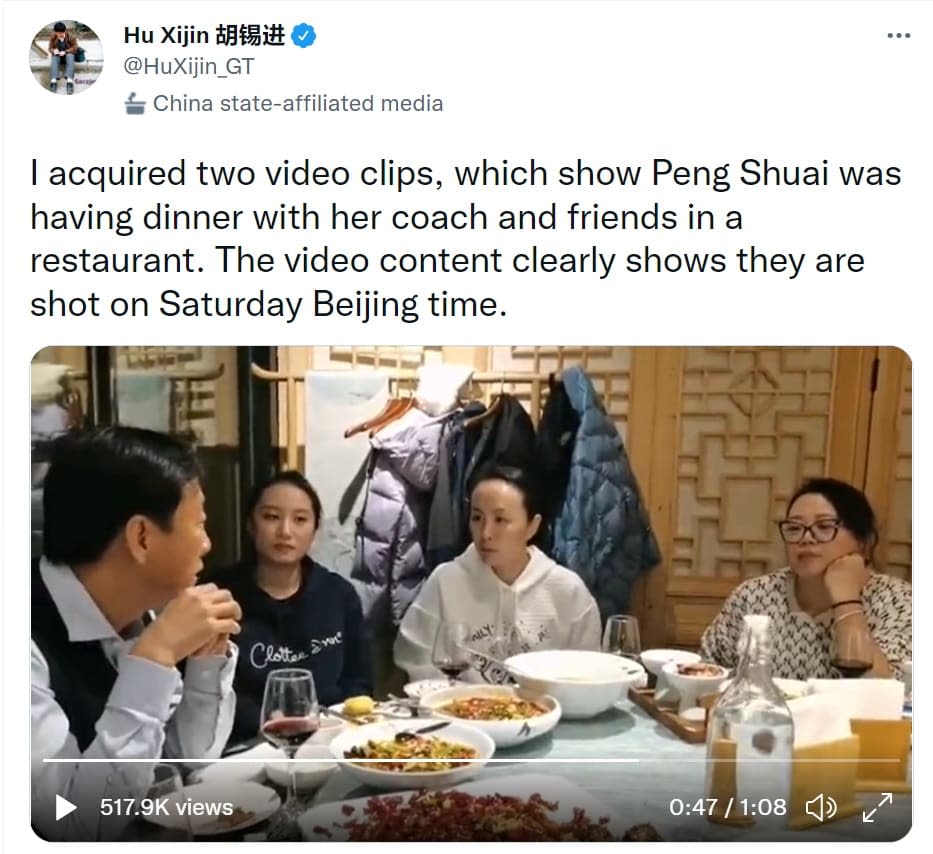 <div class="inline-image__caption"><p>Peng Shuai having dinner in this screen grab of a video in a Twitter post.</p></div> <div class="inline-image__credit">Hu Xijin/Twitter/Reuters</div>