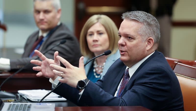 Davis School District Superintendent Dan Linford speaks about the district’s sensitive materials policy during a Utah Legislature’s Education Interim Committee meeting at the House Building in Salt Lake City on Wednesday, June 14, 2023.