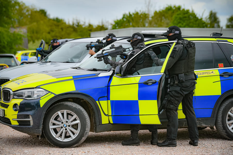 <p>Members of Devon and Cornwall Police during training scenario where they are practicing an armed vehicle stop at the force headquarters in Exeter, as they prepare for the forthcoming G7 Summit in Cornwall. Picture date: Tuesday May 25, 2021.</p>
