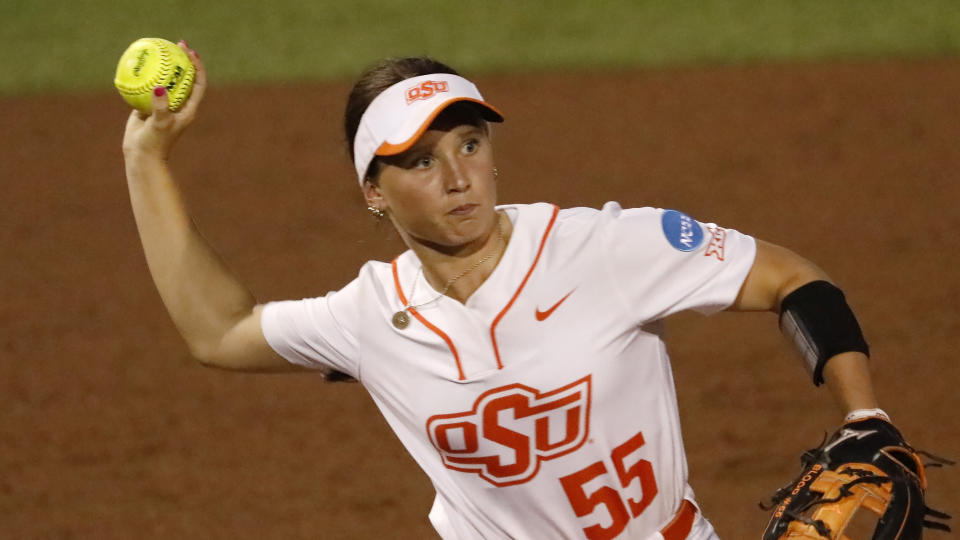 Oklahoma State's Megan Bloodworth during an NCAA softball game against Oregon on Thursday, May 25, 2023, in Stillwater, Okla. (AP Photo/Garett Fisbeck)