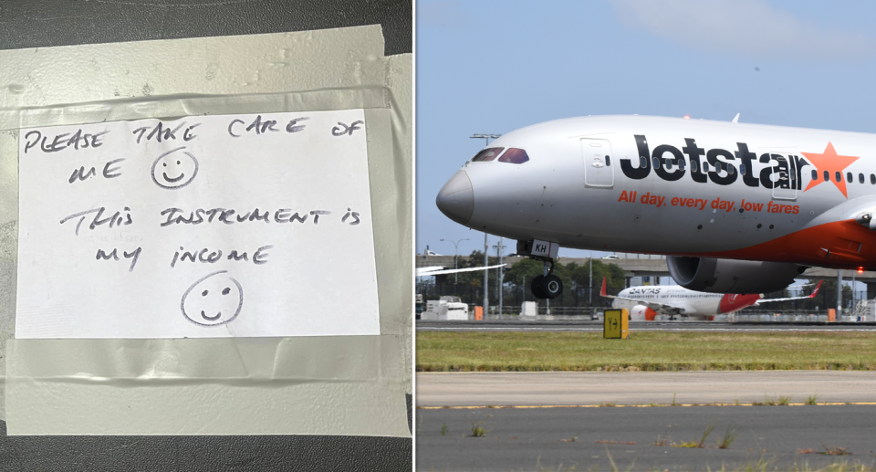 A picture of the passenger's note to baggage handlers on the left. A Jetstar plane on the right.