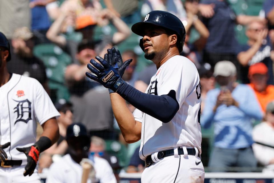 Tigers third baseman Jeimer Candelario celebrates after scoring in the seventh inning of the Tigers' 7-5 win over the Twins on Monday, May 30, 2022, at Comerica Park.