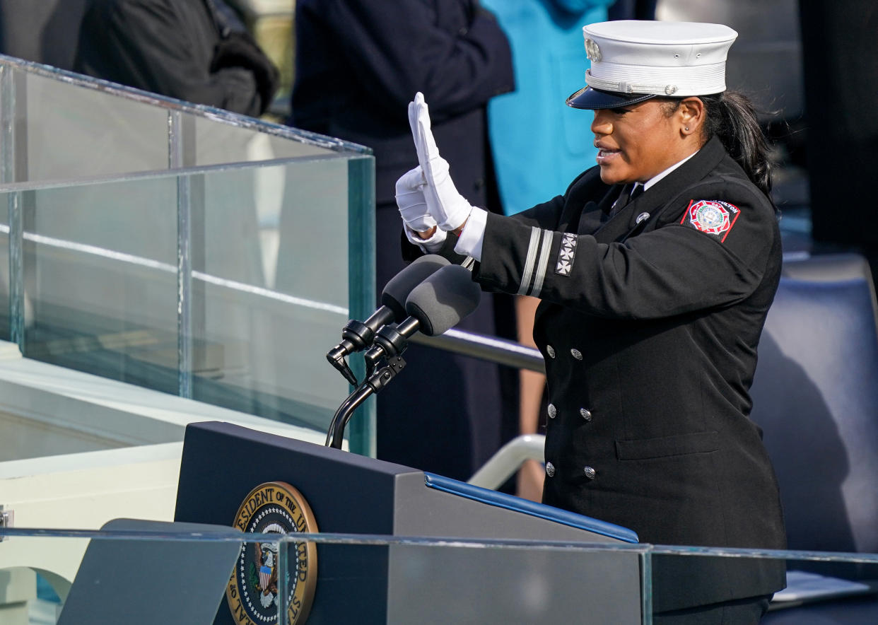 Captain Andrea Hall of the South Fulton, Georgia, Fire Department delivers the pledge of allegiance during the 2021 Presidential Inauguration. (Photo: Getty Images)