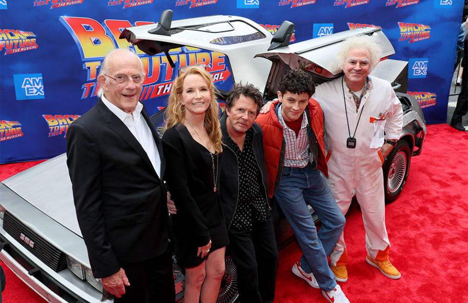 Christopher Lloyd, Lea Thompson, Michael J. Fox, Casey Likes, and Roger Bart attend the Back To The Future The Musical Gala Performance at Winter Garden Theatre on July 25, 2023 in New York City.