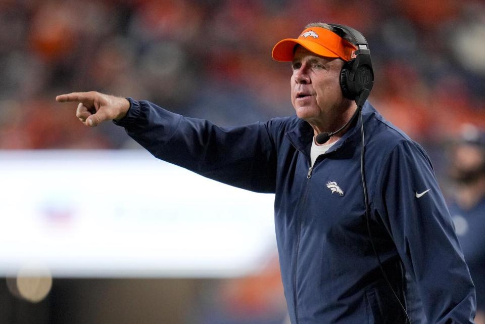 Denver Broncos head coach Sean Payton argues a call during a preseason game.