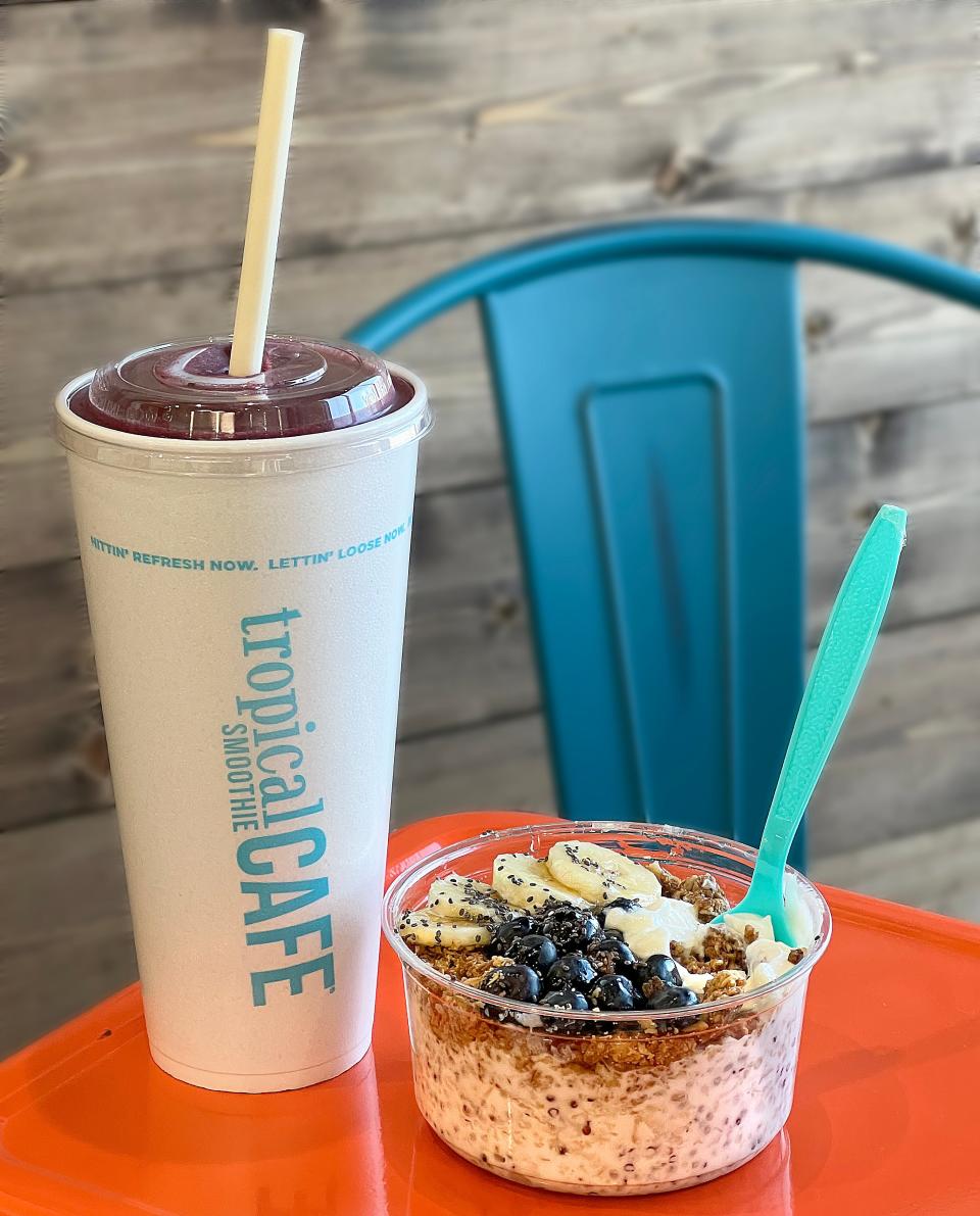 An Acai Berry Boost smoothie ($7.79) and a Chia Oatmeal Pudding bowl ($8.49) at Tropical Smoothie Cafe's new Wallhaven location in Akron.