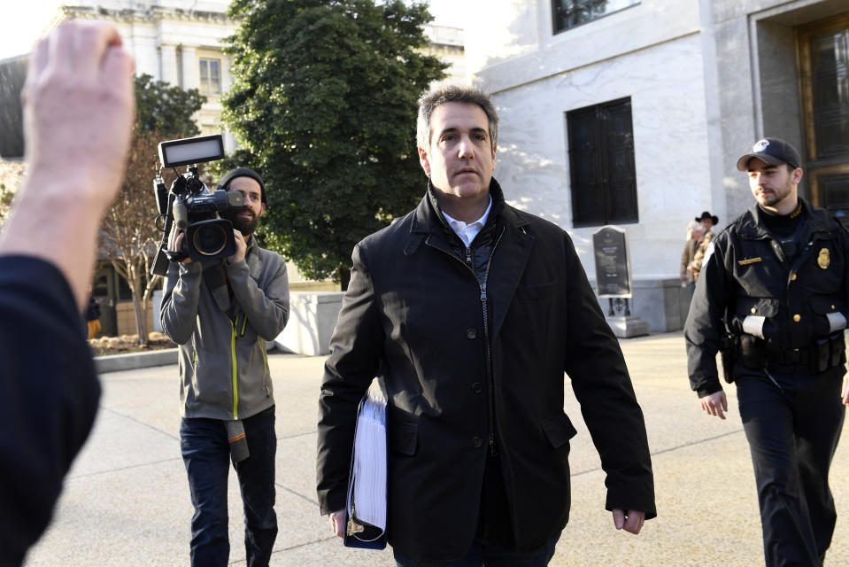 Michael Cohen, President Donald Trump's former personal attorney, leaves Capitol Hill in Washington, Thursday, Feb. 21, 2019. The Senate intelligence committee will interview Cohen behind closed doors on Feb. 26, according to a person familiar with the matter. (AP Photo/Susan Walsh)