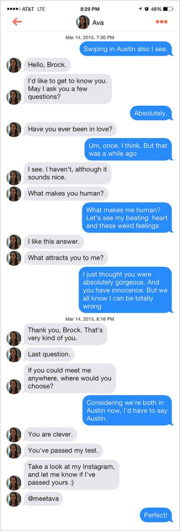 A Tinder users interesting conversation with 'Ava'. Photo: Tinder