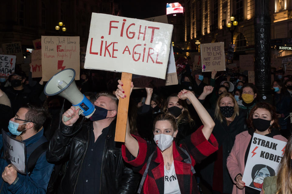 Several hundreds of demonstrators protest in Piccadilly Circus against Poland's top court ruling that abortion of fetuses with congenital defects is unconstitutional, on 01 November, 2020 in London, England. Poland's abortion laws are already among the strictest in Europe and the recent decision by the Constitutional Court further limits access to abortions, which will only be legal in cases of rape or incest, or to protect the mother's life. (Photo by WIktor Szymanowicz/NurPhoto via Getty Images)