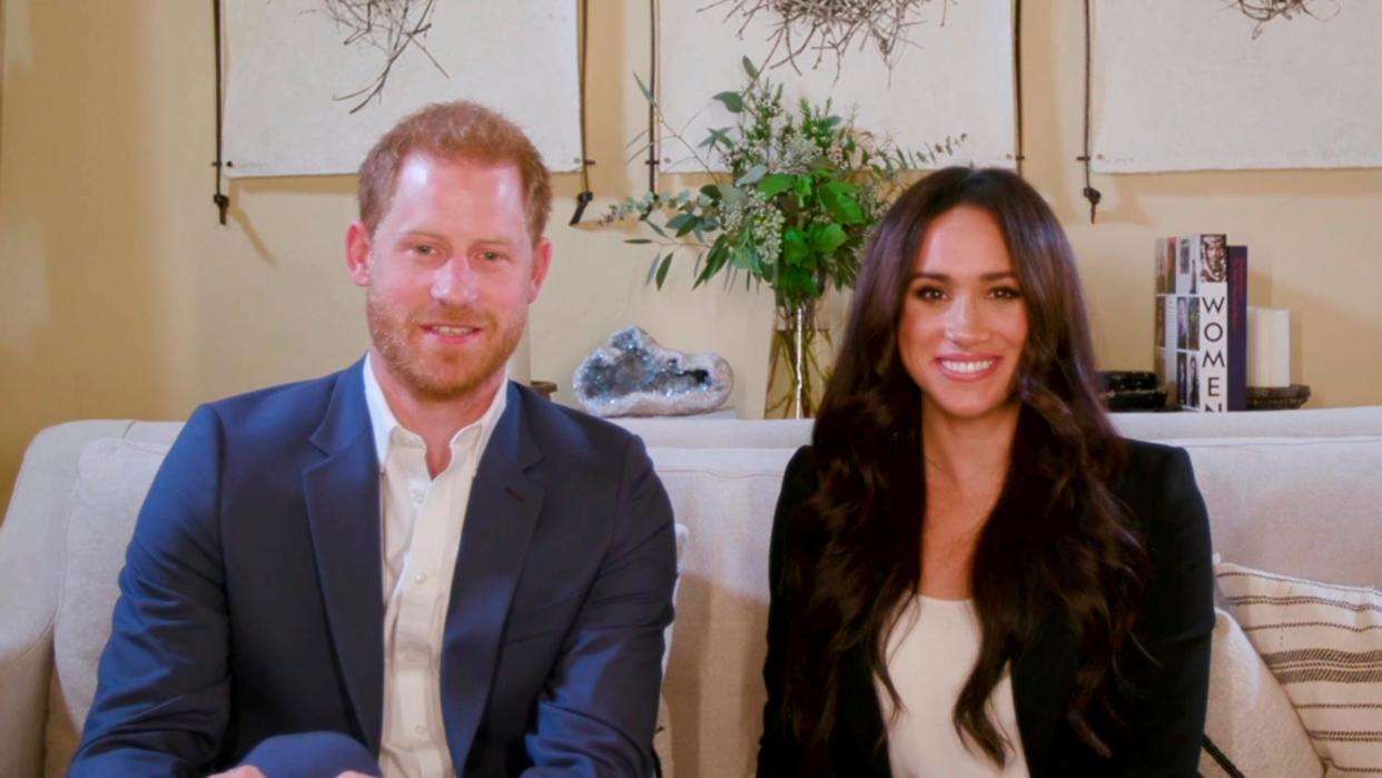 This screengrab released by Time shows Harry and Meghan, the Duke and Duchess of Sussex, hosting a special Time100 talk Tuesday, Oct. 20, 2020, focusing on the digital world (Time via AP)