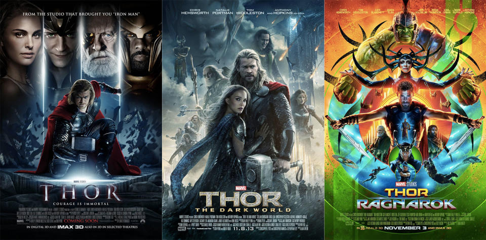 Spot the difference… The posters for ‘Thor’, ‘Thor: The Dark World’, and ‘Thor: Ragnarok’ speak volumes (Disney/Marvel Studios)