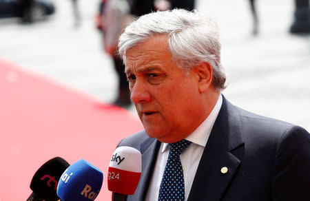 European Parliament President Antonio Tajani speaks to the media as he arrives for the informal meeting of European Union leaders in Sibiu, Romania, May 9, 2019. REUTERS/Francois Lenoir