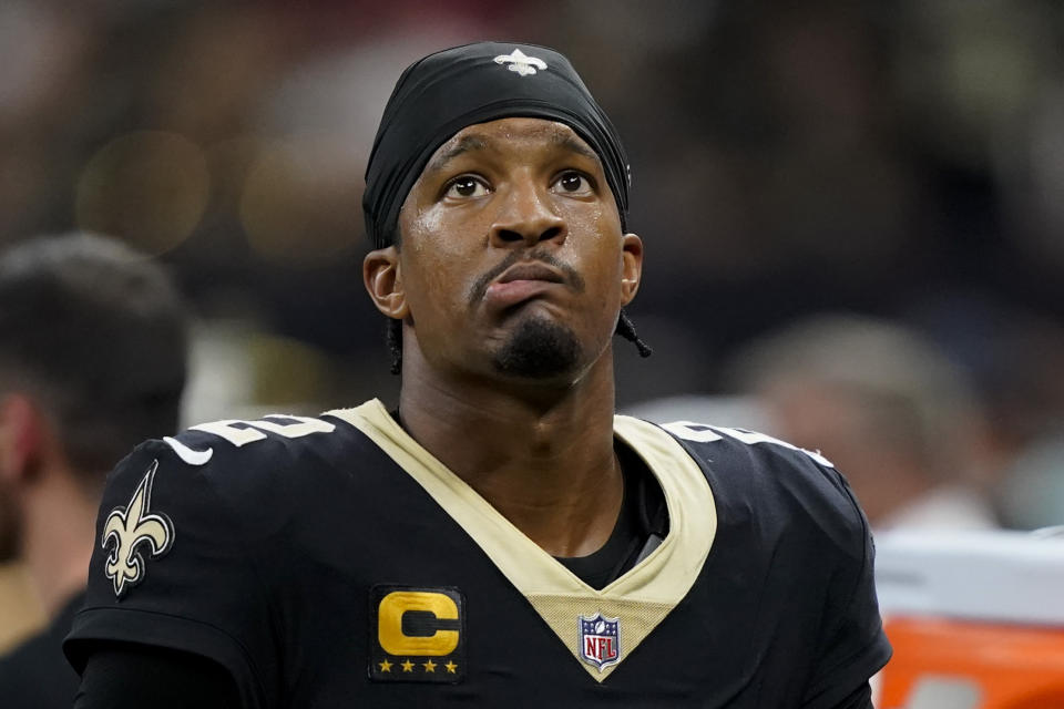 New Orleans Saints quarterback Jameis Winston watches during the second half of an NFL football game against the Tampa Bay Buccaneers in New Orleans, Sunday, Sept. 18, 2022. (AP Photo/Gerald Herbert)