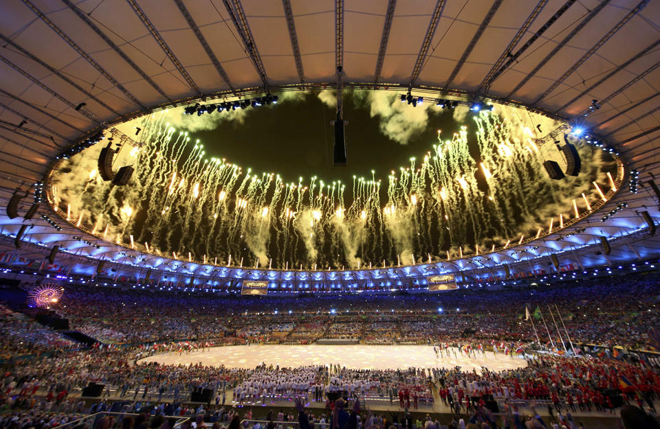 <p>Fireworks explode during the closing ceremony for the 2016 Rio Olympics. (REUTERS/Marcos Brindicci) </p>