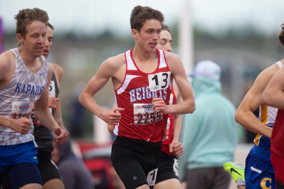 Shawnee Heights junior Jackson Esquibel races Saturday in the boys 1600 meter at the Kansas Relays at Rock Chalk Park in Lawrence.