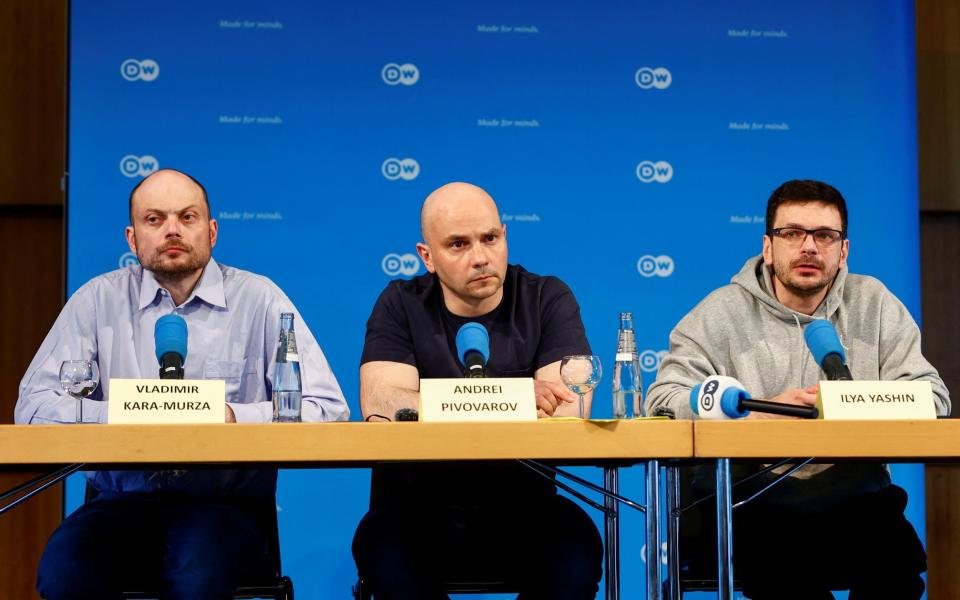 Russian dissidents Vladimir Kara-Murza, Andrei Pivovarov and Ilya Yashin hold a press conference after their release