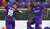 Football Soccer - Fiorentina v Qarabag - UEFA Europa League Group Stage - Group J - Florence, Italy - 29/09/16. Fiorentina's Khouma Babacar celebrates with his team mate Carlos Salcedo. REUTERS/Alberto Lingria