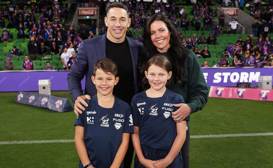 Billy Slater, pictured here with wife Nicole and their kids in 2019.