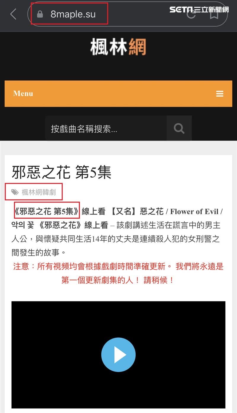 韓國目前正在上檔的韓劇「邪惡之花」網友也能在「楓林網」同步追劇。（圖／翻攝畫面）