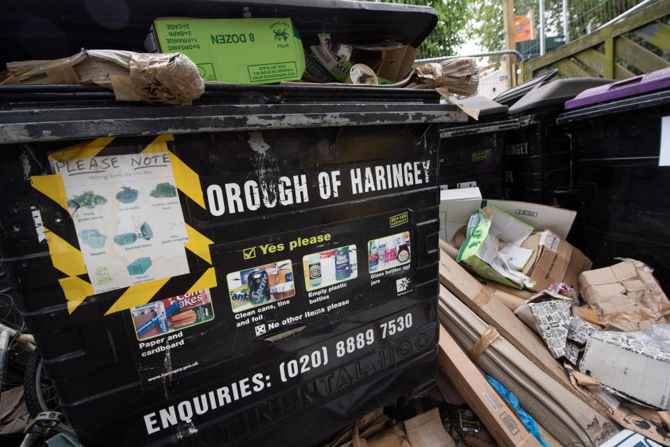 Uncollected recycling around bins in Harringay, north London.  Picture date: Sunday May 10, 2020. Photo credit should read: Matt Crossick/Empics