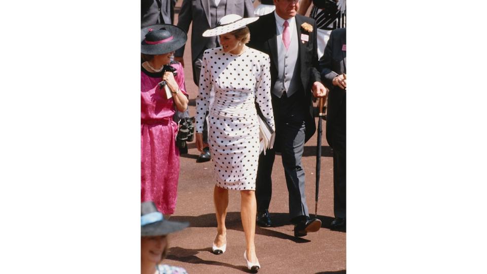 Diana, Princess of Wales attended Ascot race meeting in England, wearing a black and white spotted dress by Victor Edelstein and a Philip Somerville hat, June 1988.  