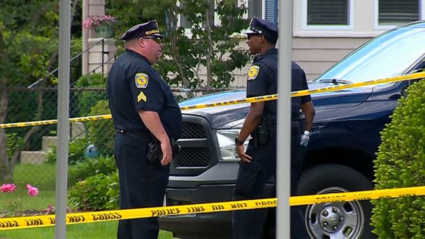 PHOTO: Police at the scene of a triple homicide in Newton, Mass., where three people were found stabbed and beaten to death inside a home on June 25, 2023. (WCVB)
