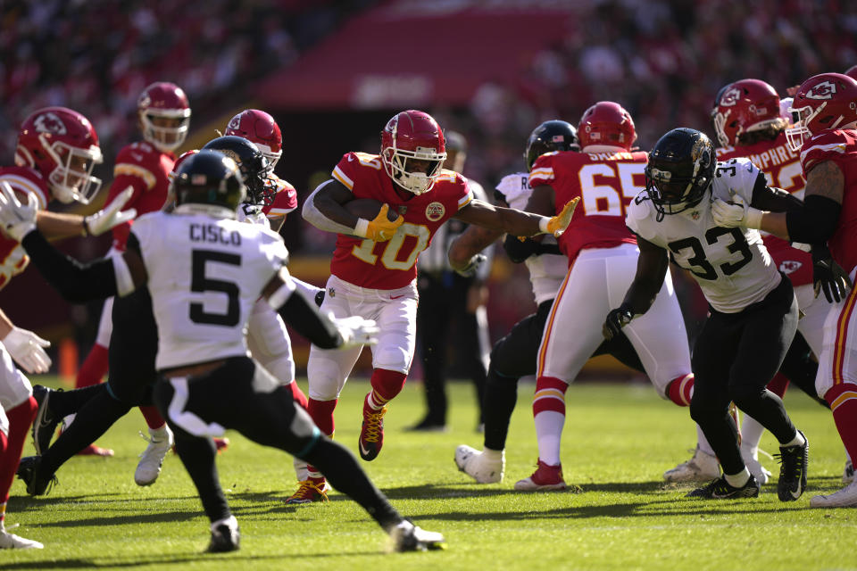 Chiefs running back Isiah Pacheco looks like he's becoming more a part of the offense, boosting his fantasy appeal down the stretch. (AP Photo/Charlie Riedel)