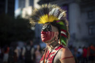 Zachary Orchard, of the Shoal Lake 40 First Nation on the Manitoba and Ontario border, poses for a photograph while attending a ceremony and vigil for the 215 children whose remains were found buried at the former Kamloops Indian Residential School, in Vancouver, British Columbia, on National Indigenous Peoples Day, Monday, June 21, 2021. (Darryl Dyck/The Canadian Press via AP)