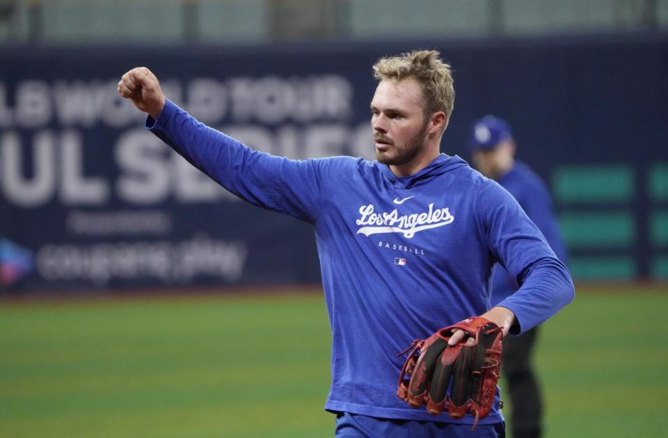 Gavin Lux during a Dodgers workout at the Gocheok Sky Dome on Tuesday. Lux was moved to second after struggling at shortstop.