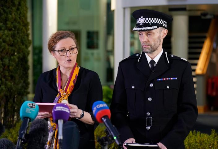 Detective Chief Superintendent Pauline Stables and Assistant Chief Constable Peter Lawson speak at a press conference outside Lancashire Police Headquarters in Hutton (Owen Humphreys/PA Wire)