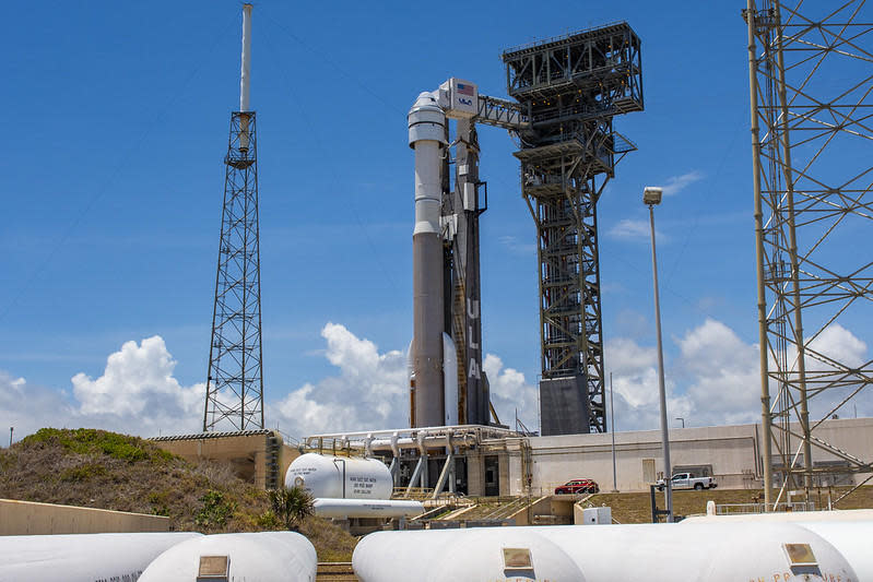 Boeing's Starliner spacecraft atop a United Launch Alliance Atlas 5 rocket earlier this month at the Cape Canaveral Space Force Station. The rocket and capsule are currently housed in a nearby processing facility as engineers review the rationale for launching 