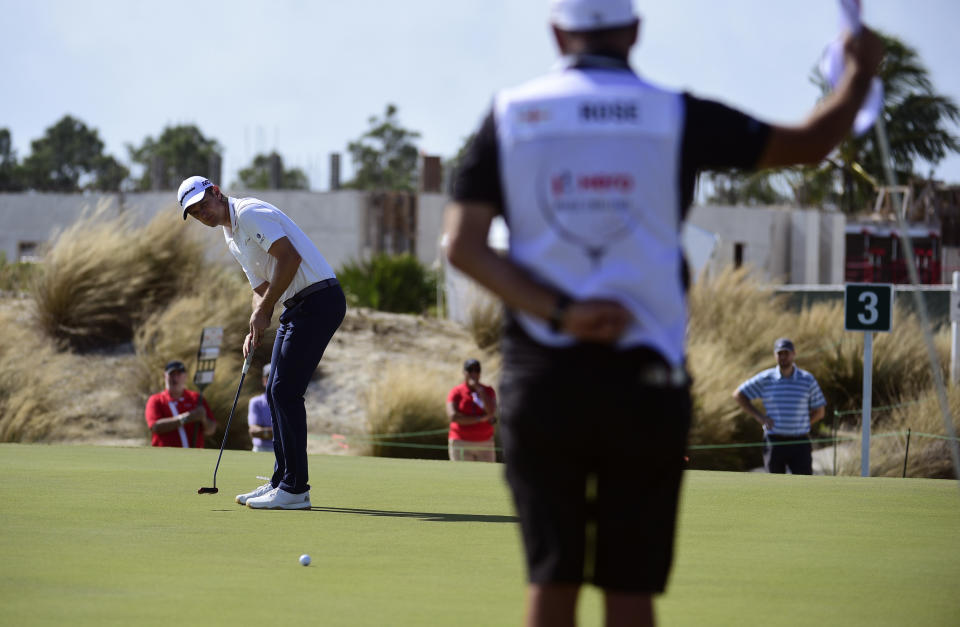 U.S. golfer Justin Rose putts on the third hole during the last round of the Hero World Challenge at Albany Golf Club in Nassau, Bahamas, Sunday, Dec. 2, 2018. (AP Photo/Dante Carrer)