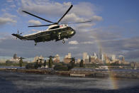 Marine One carrying President Joe Biden arrives at the Wall Street landing zone, Tuesday, Sept. 20, 2022, in New York. (AP Photo/Evan Vucci)