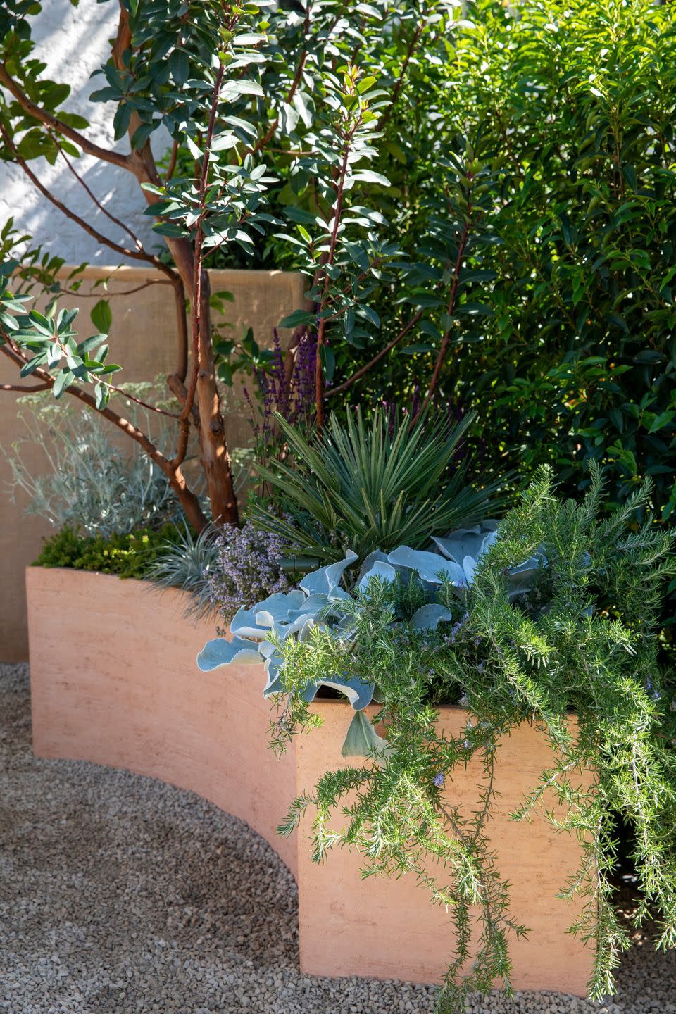 <p>This container garden, inspired by a Mallorcan landscape, utilises the colours and stone textures of the Mediterranean through artisan elements. Key features include a hand-rendered stone-effect wall, fabric screens, planters, and a reclaimed timber and granite boulder bench. Heading to Chelsea? Make sure to visit this one. </p>