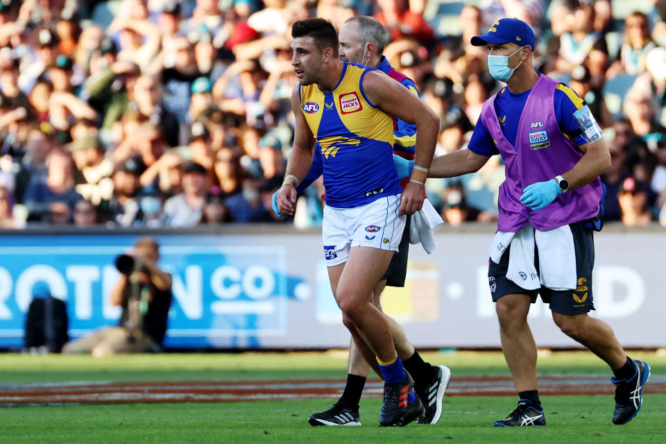 Seen here, West Coast's Elliot Yeo comes off injured during the round six match against Port Adelaide in the AFL.