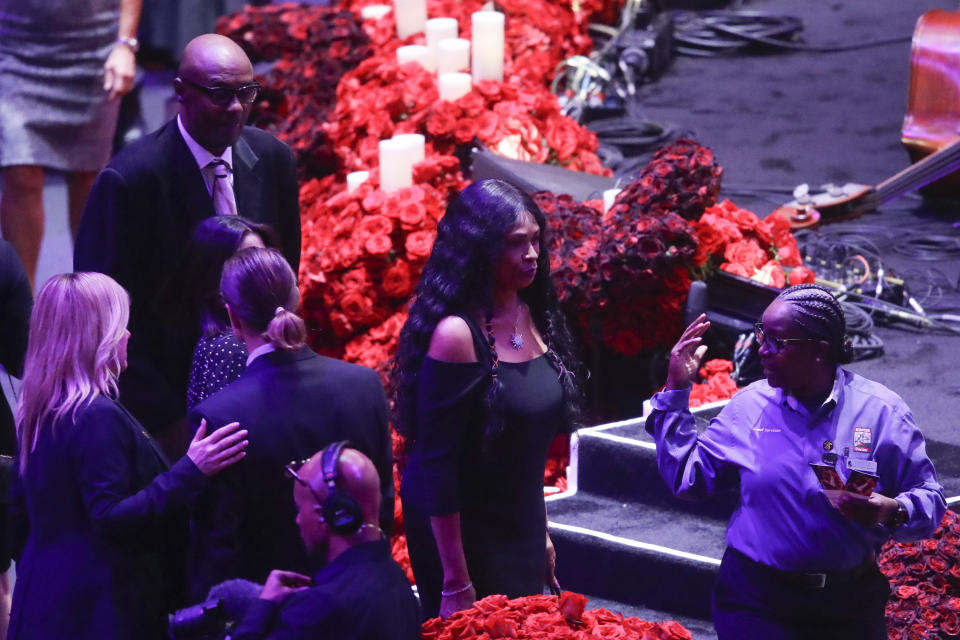 Kobe Bryant's parents Joe and Pam Bryant arrive for a celebration of life for Kobe Bryant and his daughter Gianna Monday, Feb. 24, 2020, in Los Angeles. (AP Photo/Marcio Jose Sanchez)