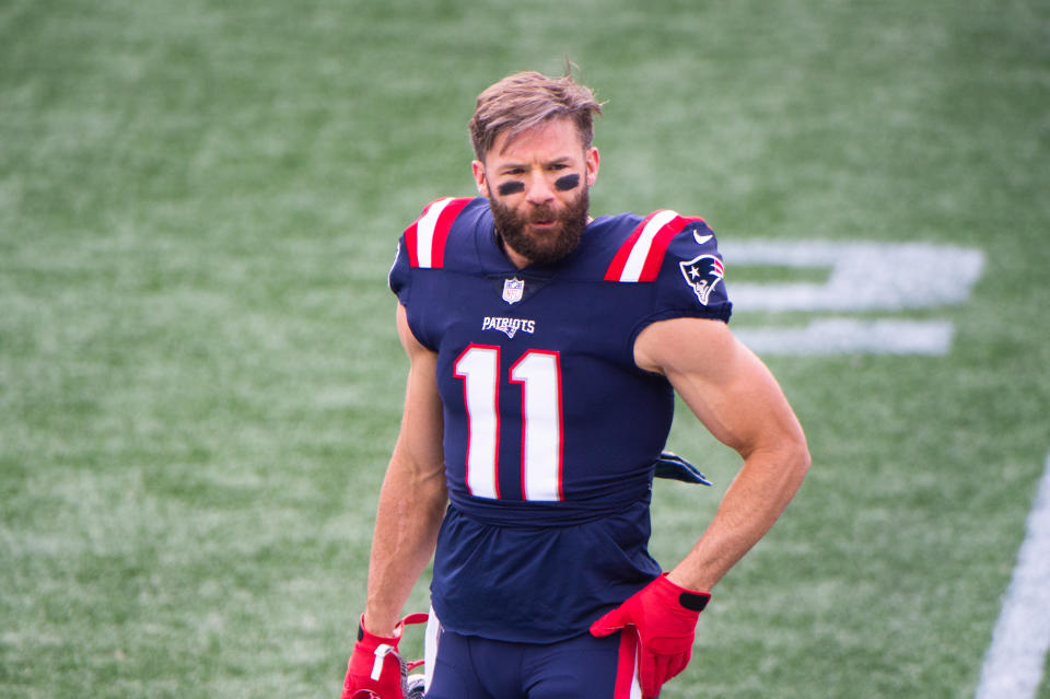 Julian Edelman #11 of the New England Patriots prior to the start of the game against the San Francisco 49ers at Gillette Stadium on October 25, 2020 in Foxborough, Massachusetts. (Photo by Kathryn Riley/Getty Images)