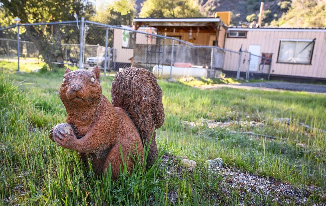 A statue of a squirrel appears to guard the mobile home belonging to Luke Harbin’s mother at the El Portal Trailer Park near Yosemite National Park on Sunday, March 13, 2022.