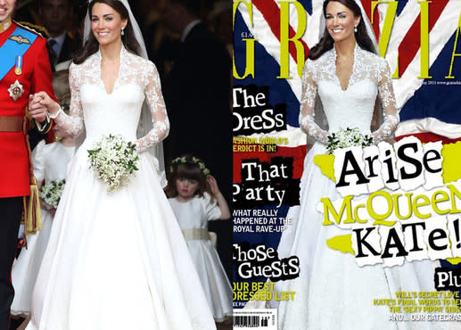 <div class="caption-credit"> Photo by: AP and Grazia</div><b>Kate Middleton</b> <br> While we recall the Duchess of Cambridge looking slim on her wedding day, we knew her photo on the May 9th 2011 cover of Grazia looked off. When you compare it with the original, unretouched photo it's obvious they whittled down Middleton's waist and created a fake arm to hold her bouquet. In the end, Grazia confirmed the allegations.