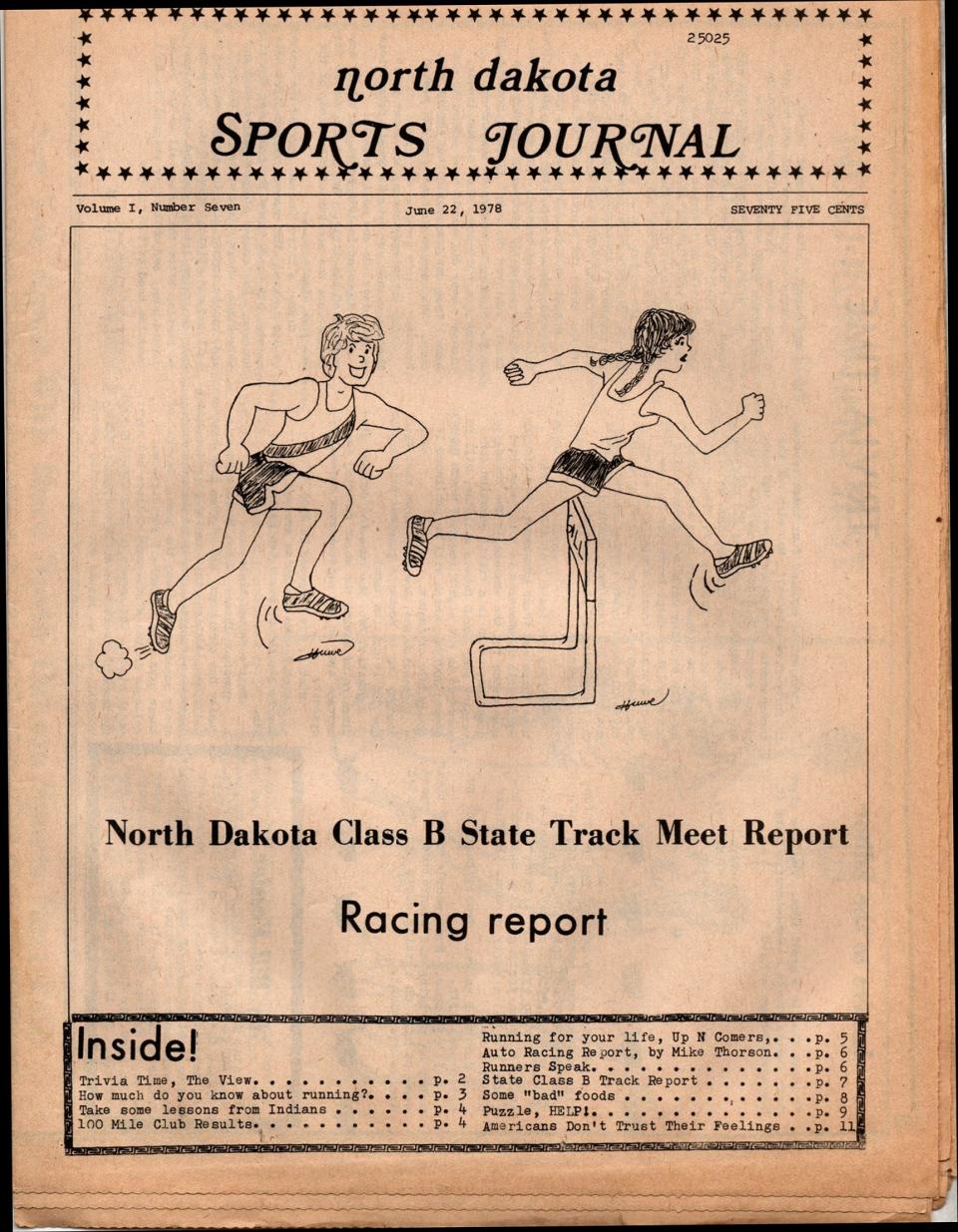 The North Dakota Class B State Track Meet Report graces the cover of this June 22, 1978, issue. Drawing by then 16-year-old Diane Huwe.